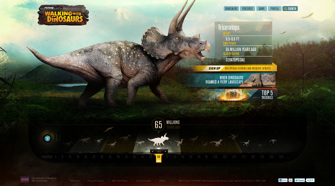 Homepage — a Triceratops over a prehistoric landscape with a 65-million-year timeline scrubber.