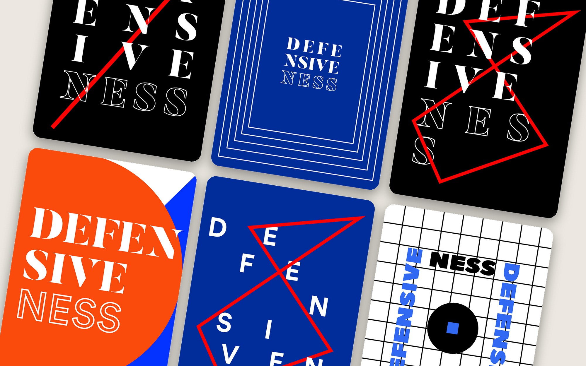 Defensiveness episode artwork — a tilted bento wall of six typographic poster explorations.