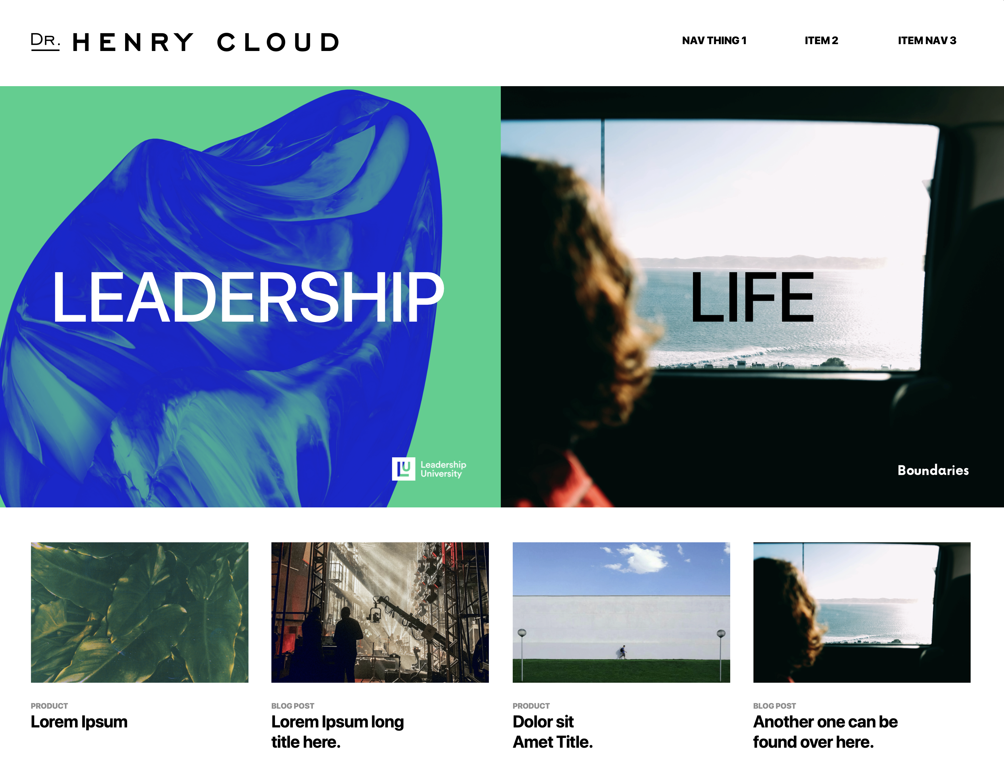 Dr. Henry Cloud website concept — a LEADERSHIP / LIFE split hero over a blog grid (unused exploration).