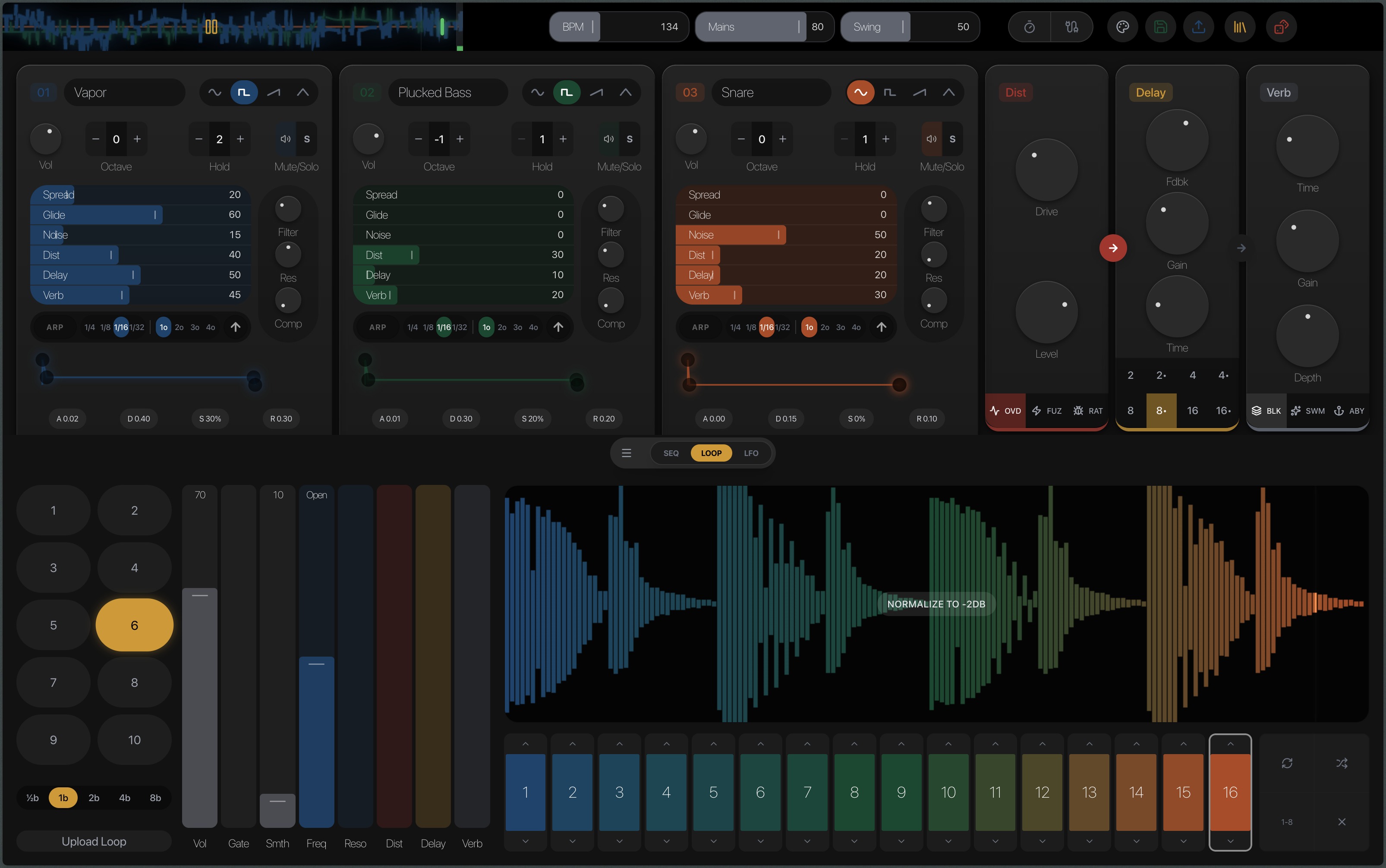 C-QNC — the browser-native synth: three voices (Vapor, Plucked Bass, Snare), a master FX rack, a loop waveform, and the 16-step sequencer.