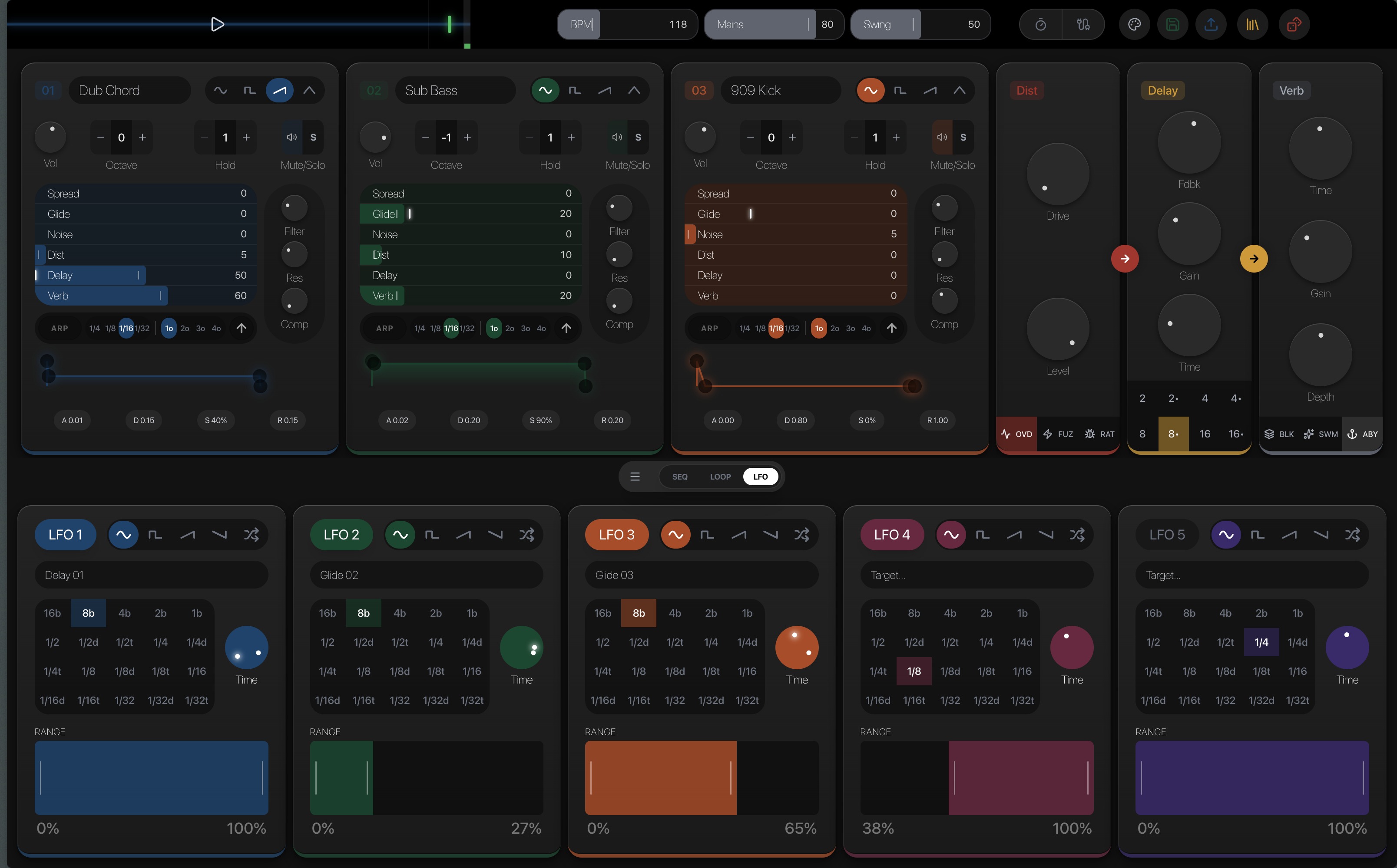 C-QNC modulation view — five LFOs, each with waveform, rate divisions, range, and a target.