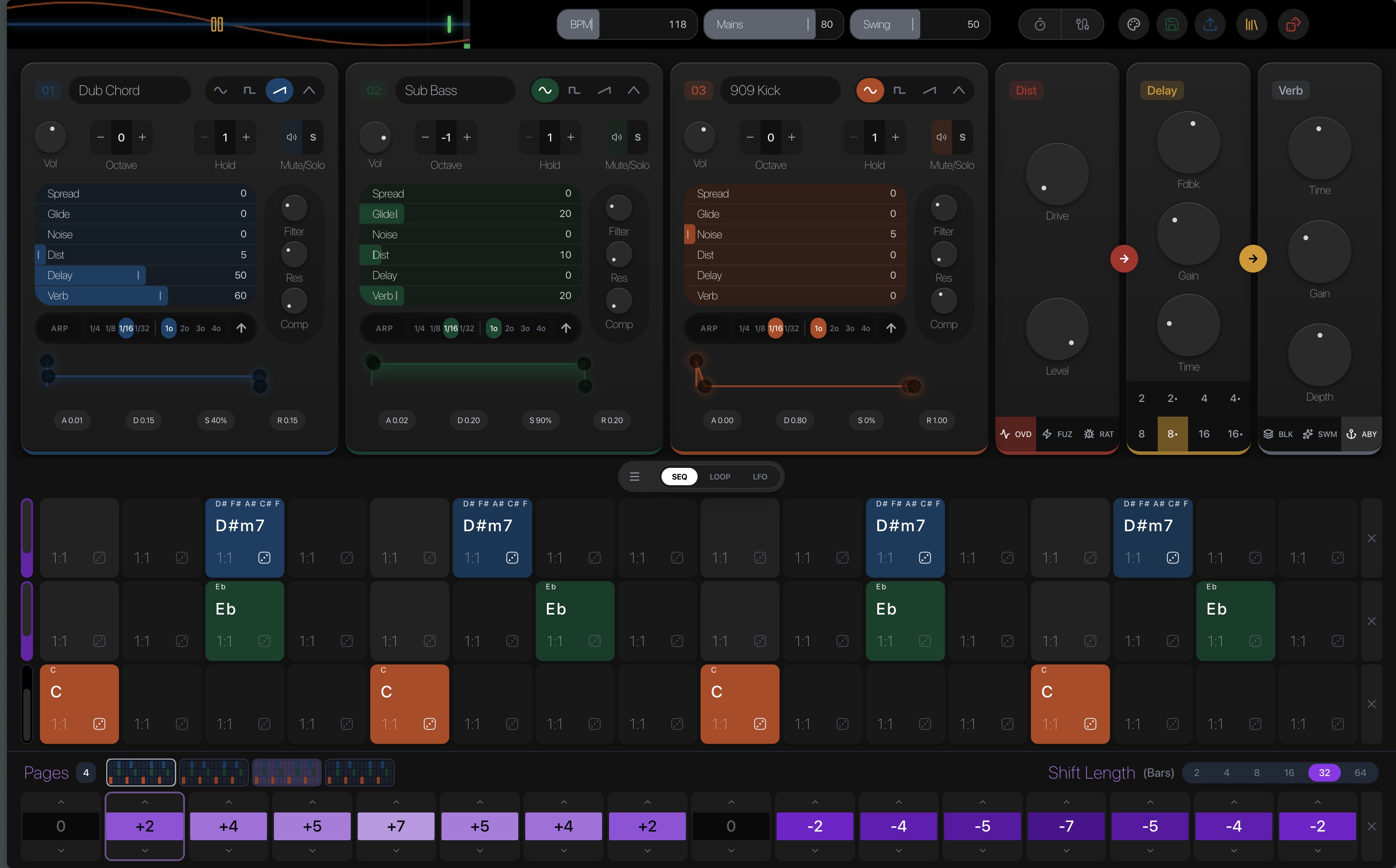 C-QNC sequencer view — a chord/step grid (D#m7, Eb, C) across pages, with per-step pitch-shift lanes.