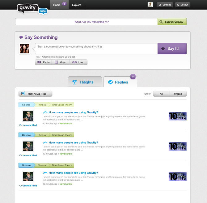 Gravity conversation home — an “What are you interested in?” search bar, a “Say Something” composer, and topic-tagged replies.