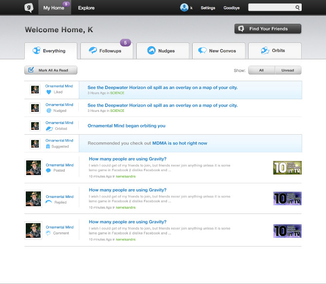 Gravity user homepage layout redesign.