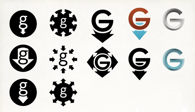 Gravity logo ideation — a speech bubble crossed with planetary and atomic motifs.