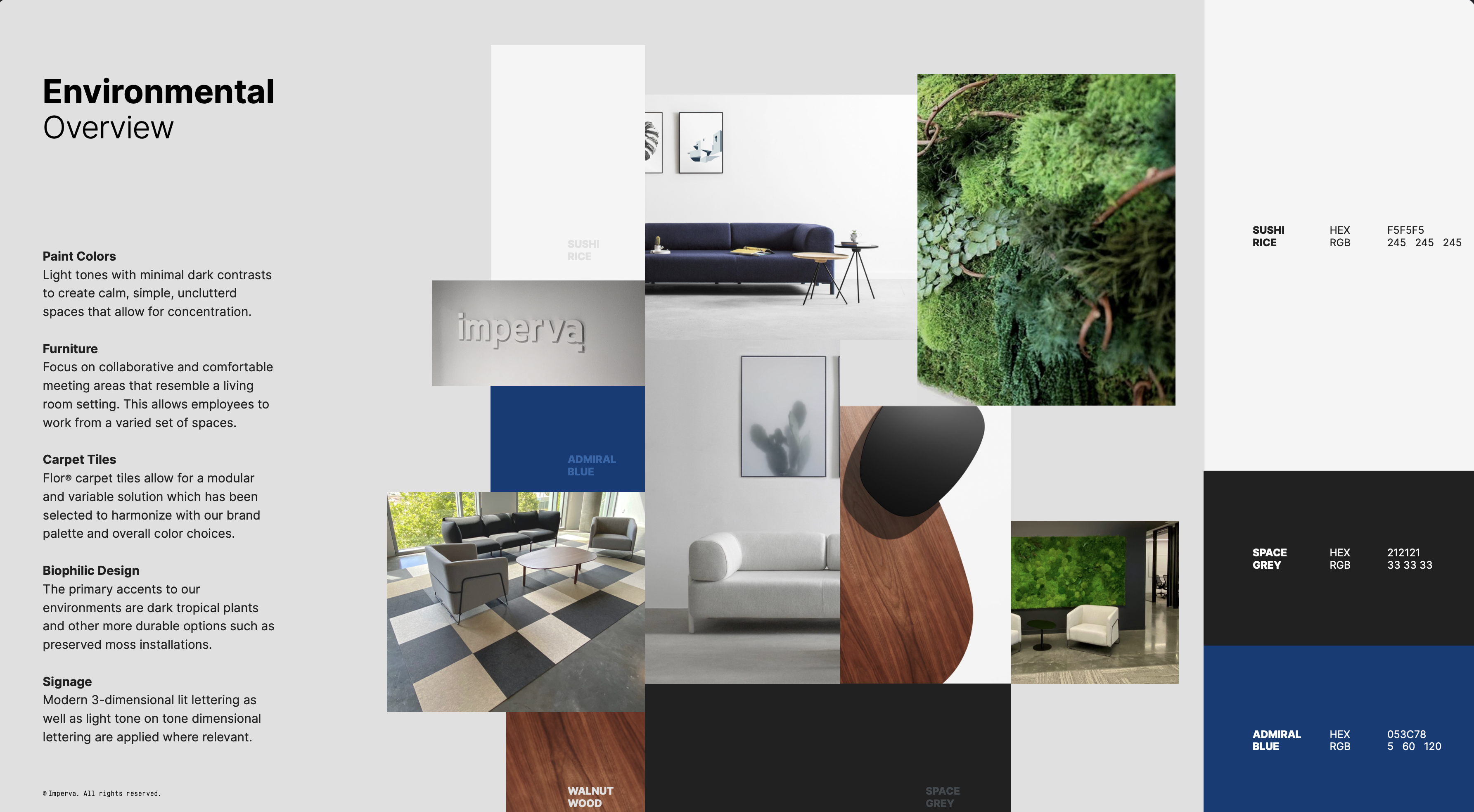 Imperva environmental design overview — paint, furniture, carpet tiles, biophilic plantings, and signage, with the Sushi Rice, Space Grey, and Admiral Blue palette.