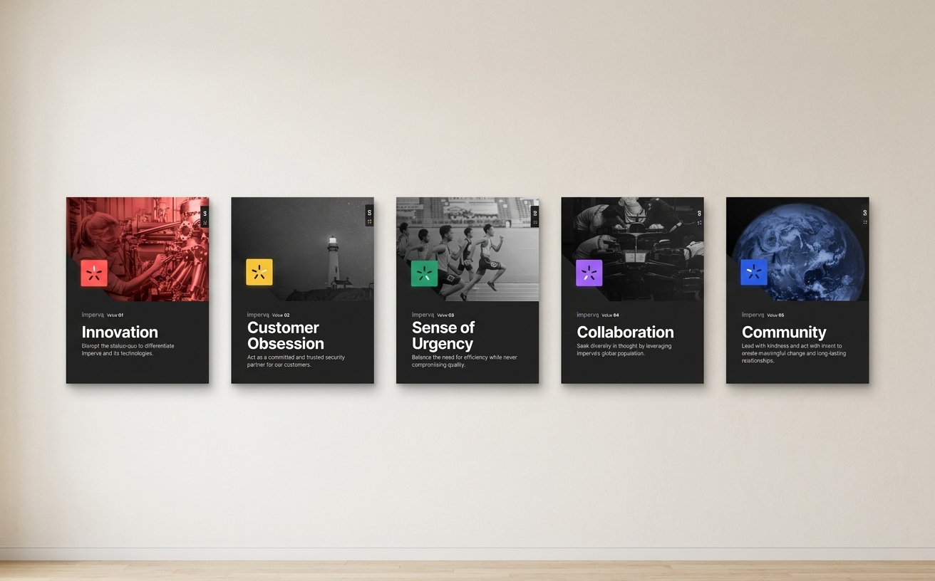 The five Imperva values posters hung as a series on a wall — Innovation, Customer Obsession, Sense of Urgency, Collaboration, and Community.