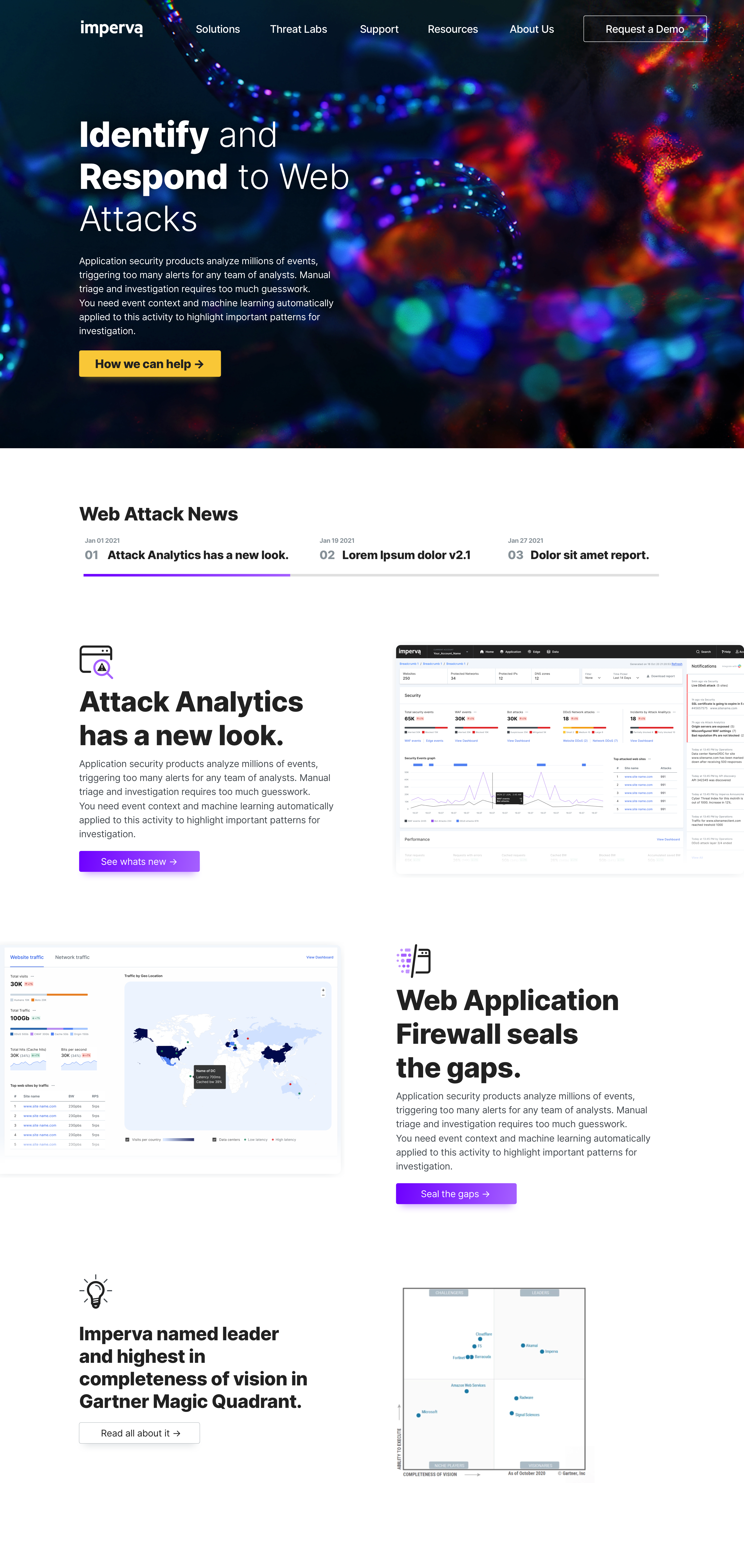 Imperva.com ‘Identify and Respond to Web Attacks’ page — full-page design exploration.