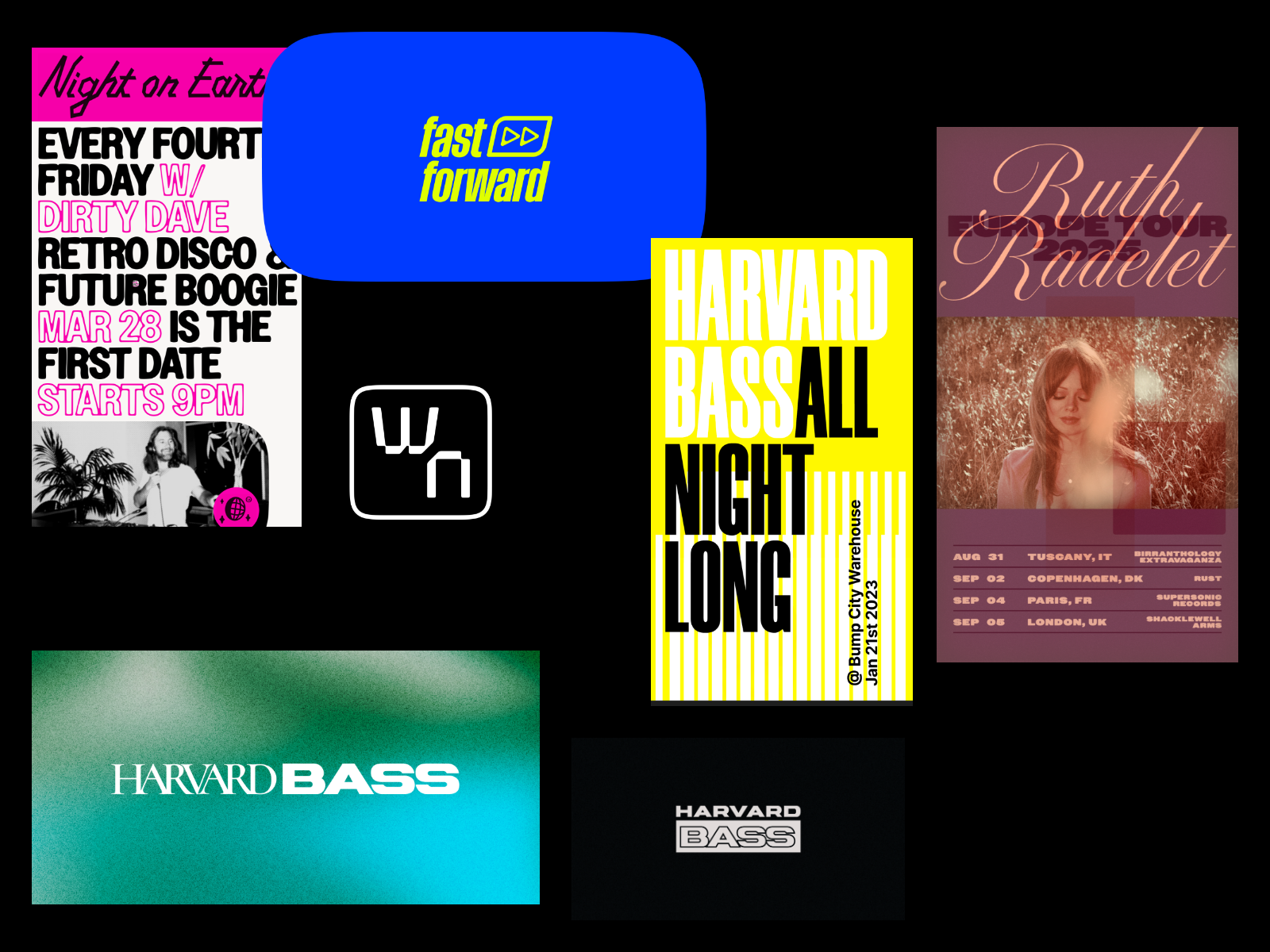 Collage of music identity and poster work