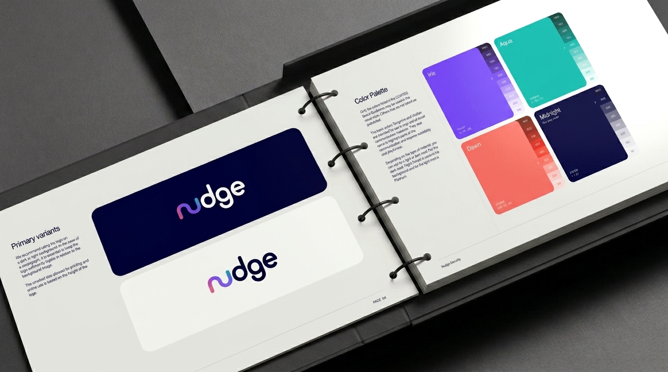 Nudge brand identity guidelines — logo variants and colour palette.