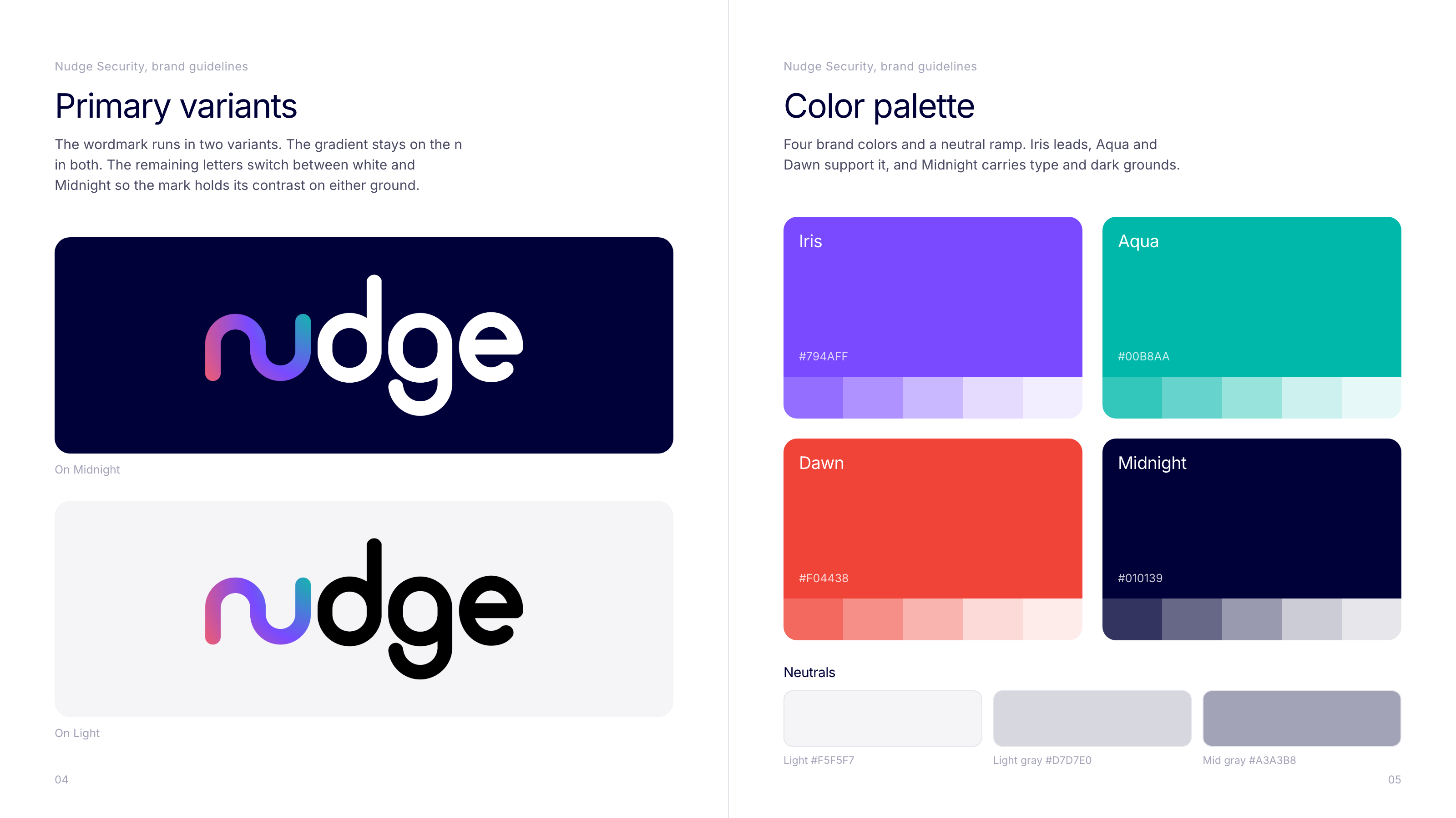 Nudge brand identity guidelines, logo variants and color palette.
