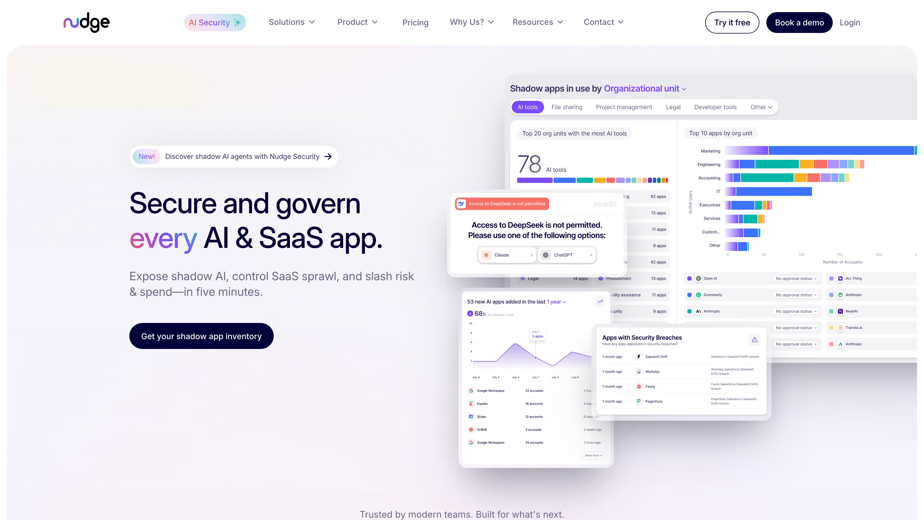 Nudge Security homepage — hero and navigation.