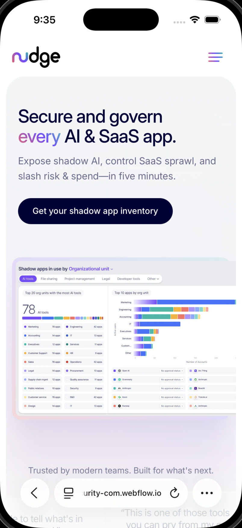 nudgesecurity.com on a phone, 'Secure and govern every AI and SaaS app', with the shadow apps discovery dashboard.