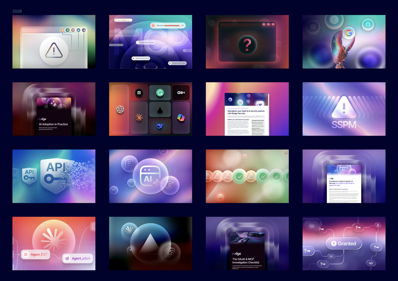2026 brand and blog artwork, a board of campaign and editorial illustrations covering MCP, SSPM, agentic AI, OAuth scopes, and API access.