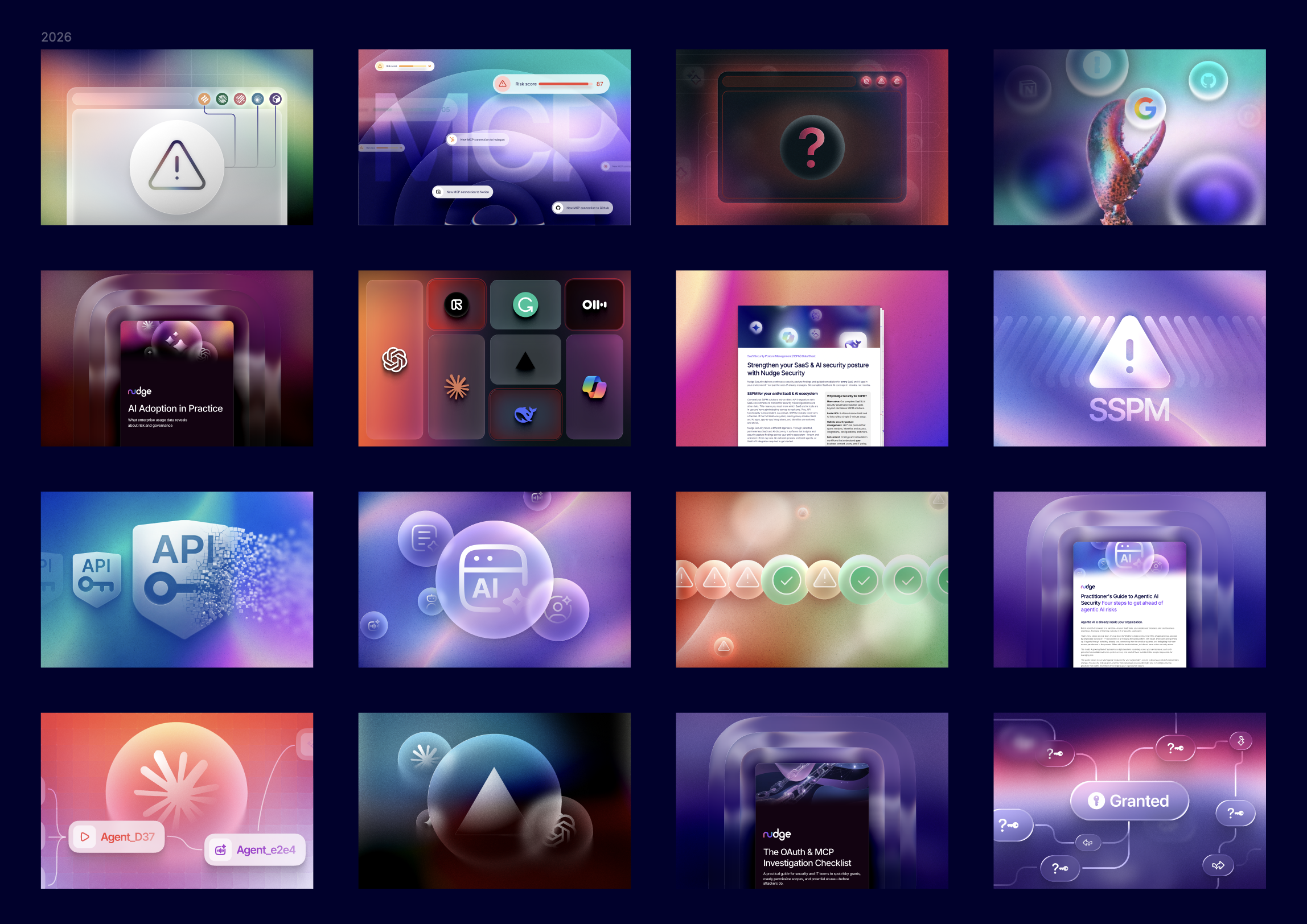 2026 brand and blog artwork — a board of campaign and editorial illustrations covering MCP, SSPM, agentic AI, OAuth scopes, and API access.