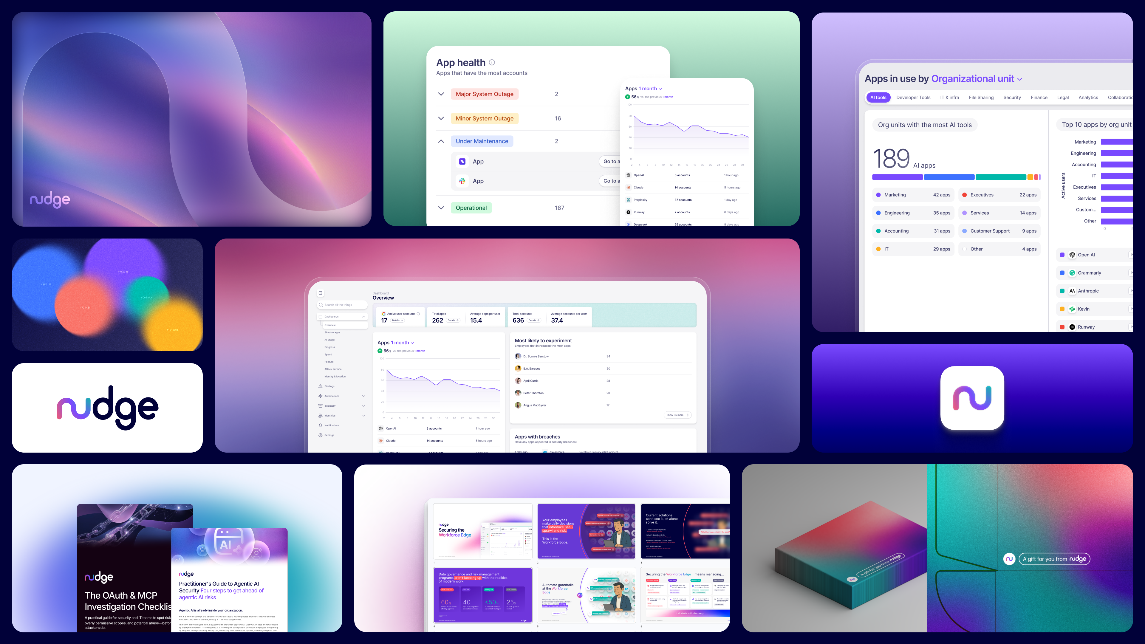 A bento board of Nudge work — product dashboards, app health, AI tool usage by org unit, brand identity, logo, and marketing collateral.